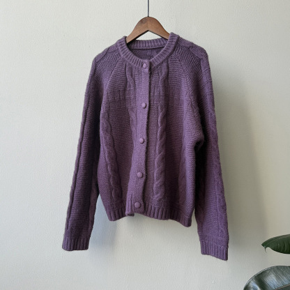 女士秋冬圓領包扣麻花毛衣開衫