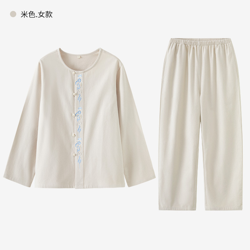 女士秋冬純棉磨毛祥雲刺繡長袖長褲居家服