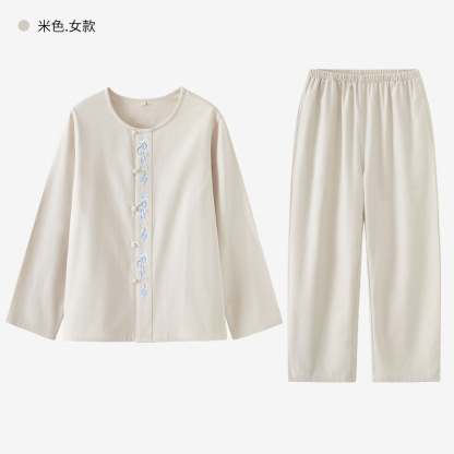 女士秋冬純棉磨毛祥雲刺繡長袖長褲居家服