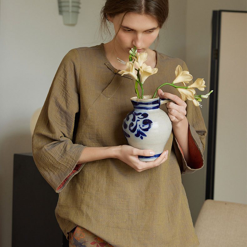 女士復古風拼色提花長袖睡衣家居服