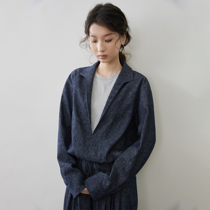 女士春秋亞麻棉牛仔假兩件套裝