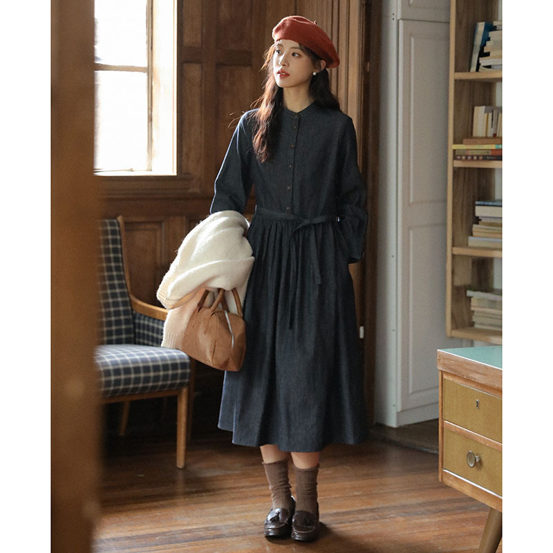 女士秋冬羊咩咩針織毛衣馬甲+長袖牛仔連衣裙