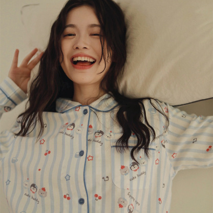 女士春秋純棉磨毛卡通企鵝長袖長褲居家服