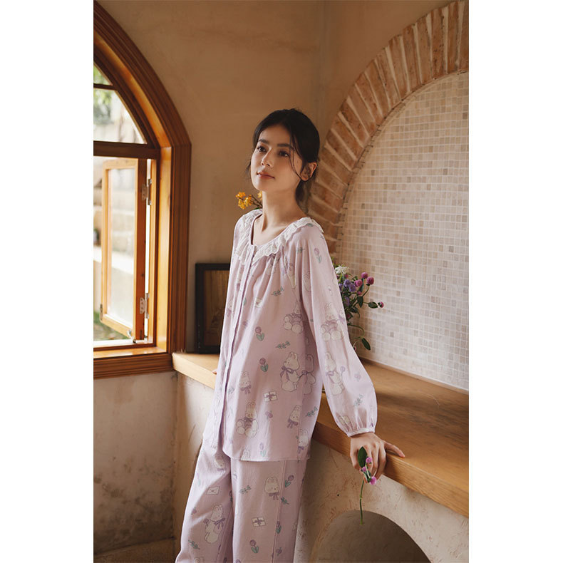女秋冬磨毛郁兔情書印花睡衣套裝