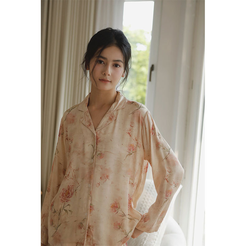 女士人棉貢緞愛麗絲玫瑰印花睡衣