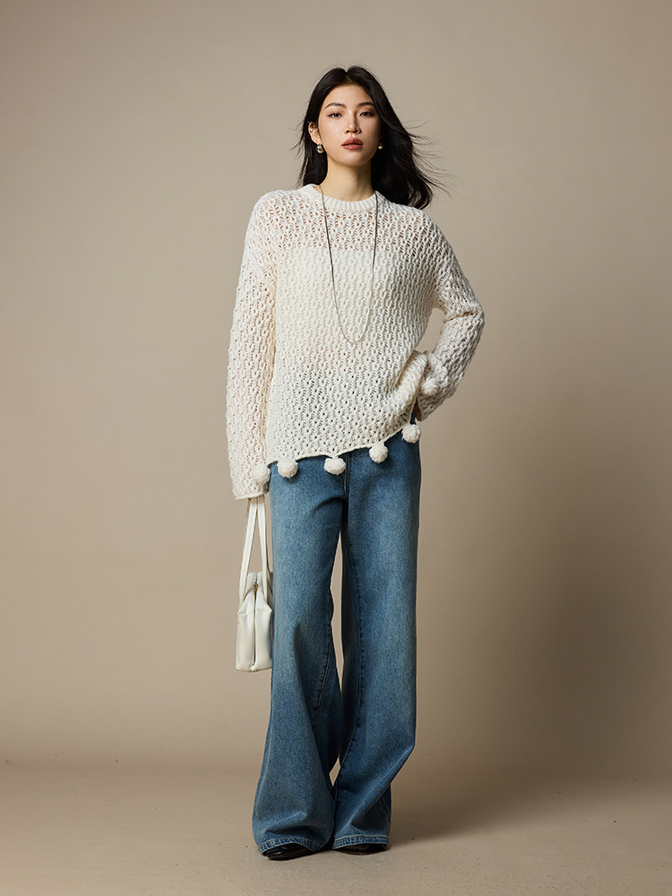 女士春秋100羊毛鏤空針織毛衣