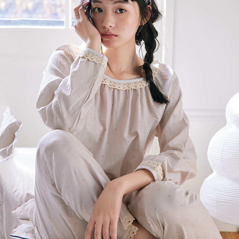 女款纯棉日系蕾絲邊長袖睡衣套装