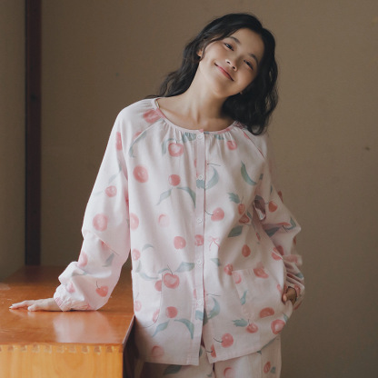 女士春秋冬純棉磨毛甜桃長袖長褲居家服