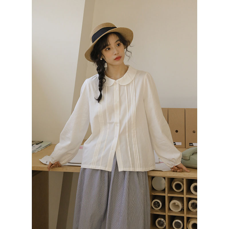 女士秋季日系娃娃領白襯衫+牛仔馬甲