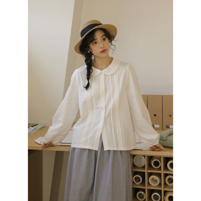 女士秋季日系娃娃領白襯衫+牛仔馬甲