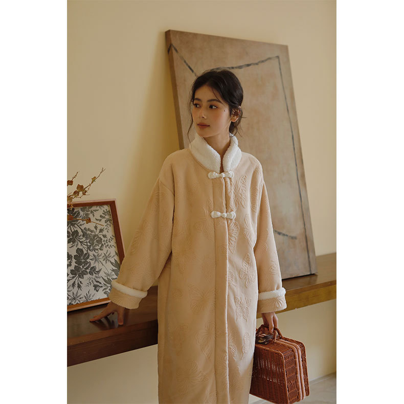 女秋冬加絨加厚蝴蝶提花盤口國風長袖睡裙
