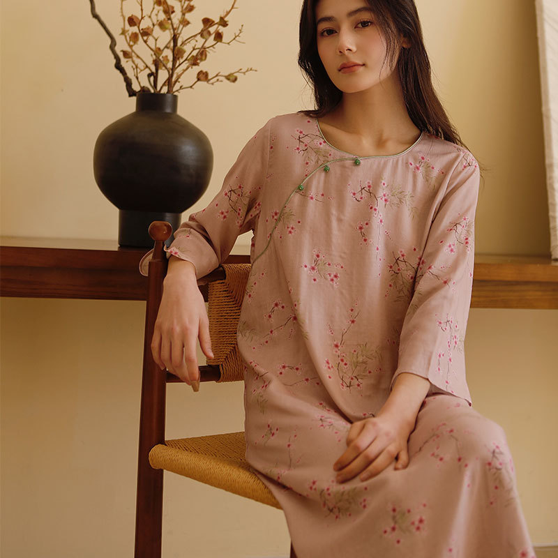 女竹棉紗新中式斜襟臘梅長袖睡裙
