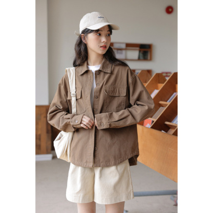 女士春秋季學院風港味水洗工裝牛仔外套