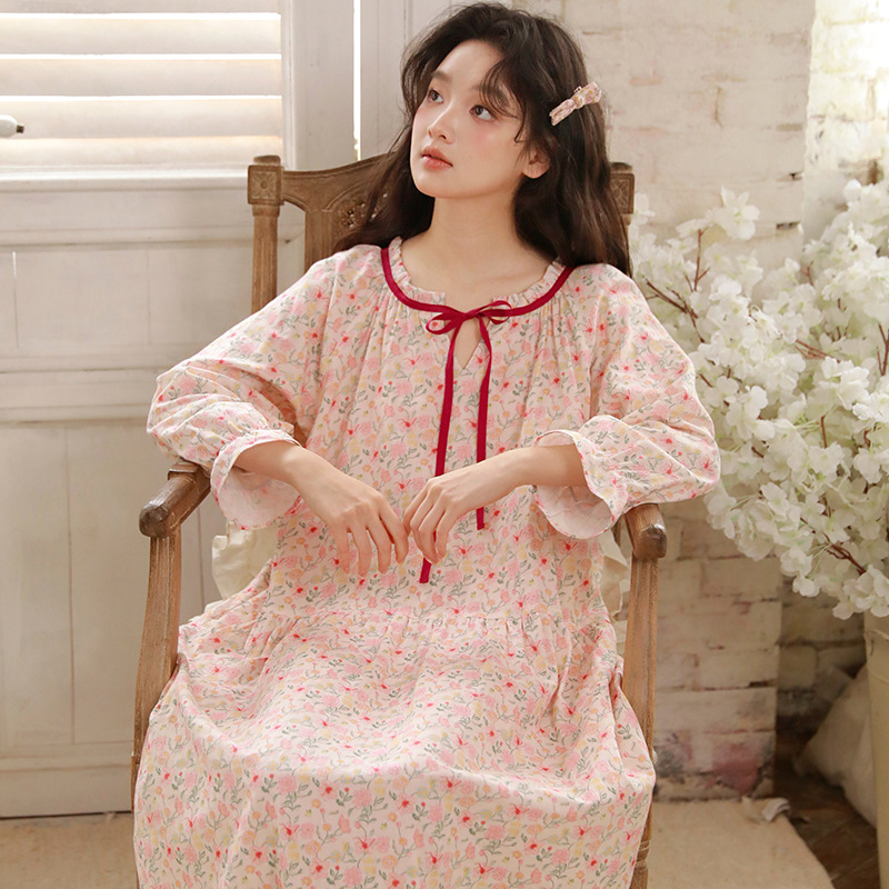 女春九分袖棉紗小碎花睡裙居家服
