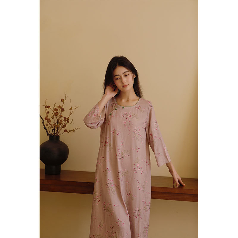 女竹棉紗新中式斜襟臘梅長袖睡裙