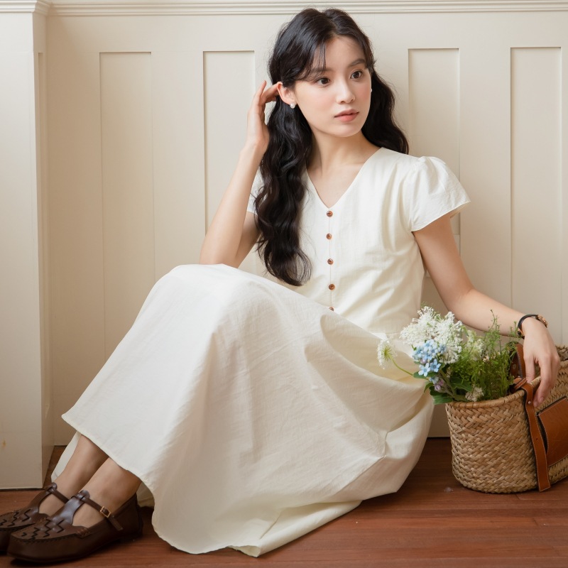 女夏V領單排扣收腰連衣裙