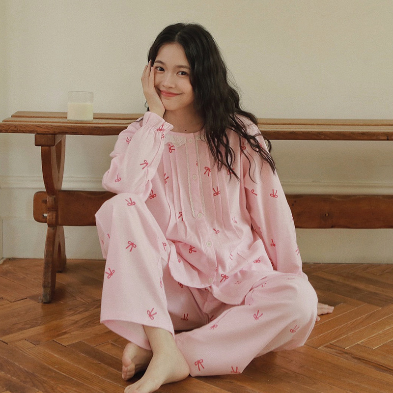 女士秋冬純棉磨毛蝴蝶結圓領花邊長袖長褲居家服