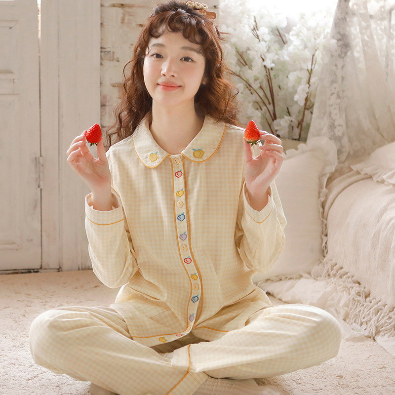 女士紗布長袖套裝簡約格子