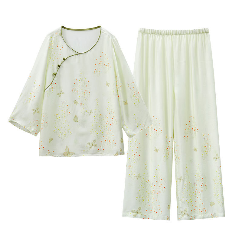 女款貢緞新中式蝶戀印花長袖睡衣套裝