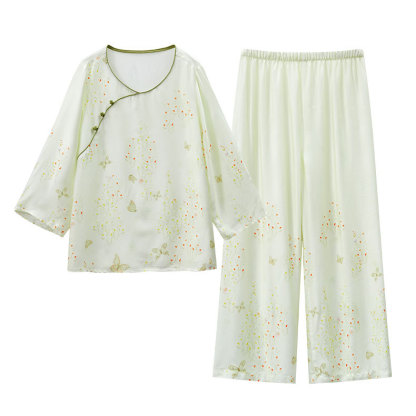 女款貢緞新中式蝶戀印花長袖睡衣套裝