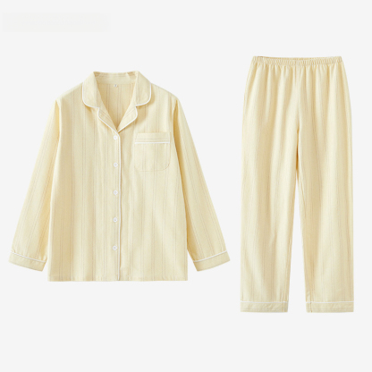 女士春秋冬情侶款純棉磨毛細條長袖長褲居家服