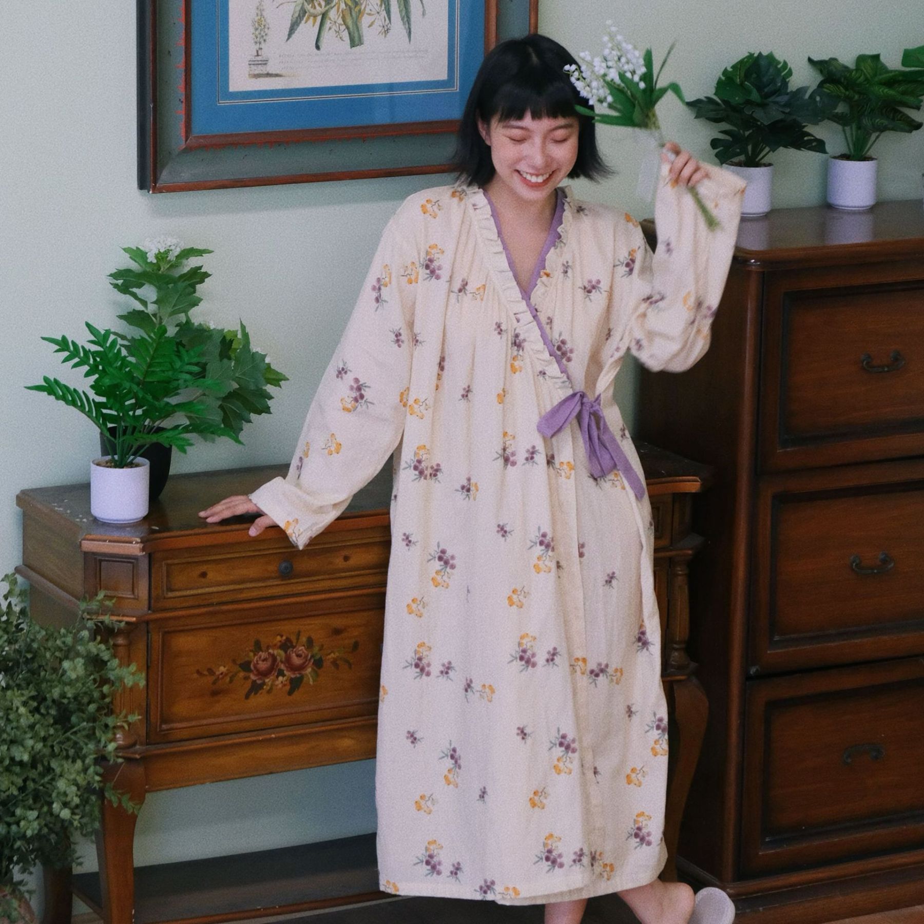 女士春秋國風長袖高級感睡袍