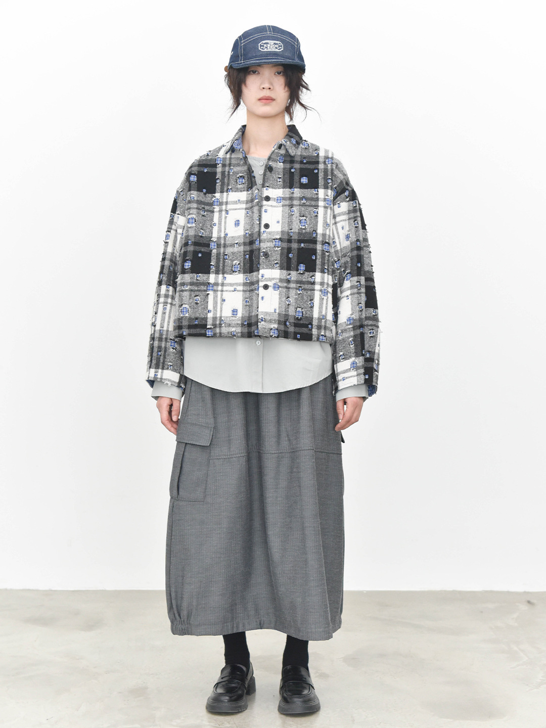 女士秋冬立體格紋磨破設計短款夾棉外套