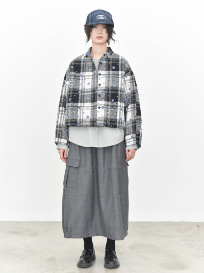 女士秋冬立體格紋磨破設計短款夾棉外套