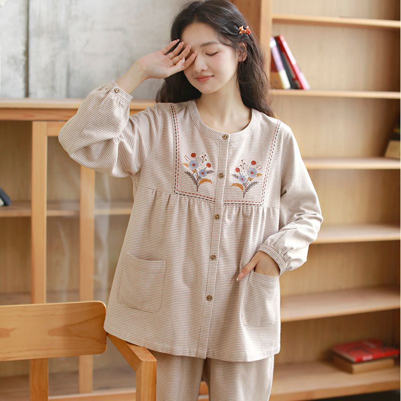 女士秋季純棉磨毛刺繡圓領長袖長褲居家服