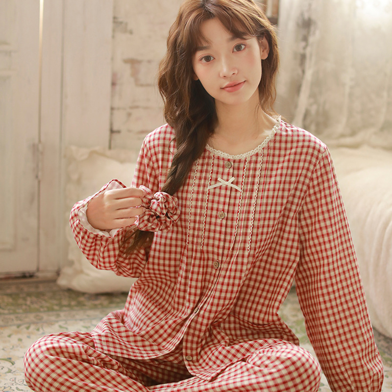 女士秋季純棉紗布格紋圓領長袖長褲居家服