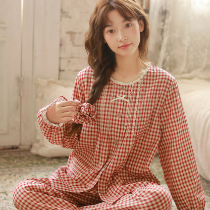 女士秋季純棉紗布格紋圓領長袖長褲居家服