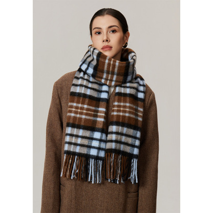 秋冬蓬鬆格子100%羊毛圍巾