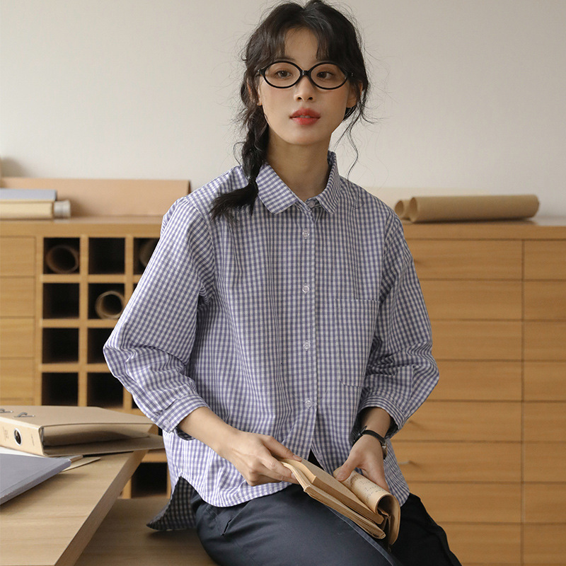 女士春秋翻領格子下擺圓弧長袖襯衫