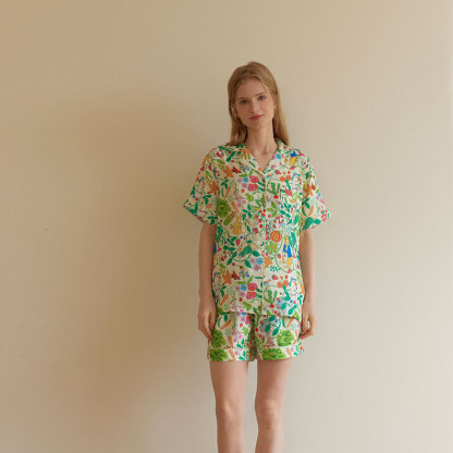 女士竹棉紗萌貓印花短袖短褲睡衣套裝