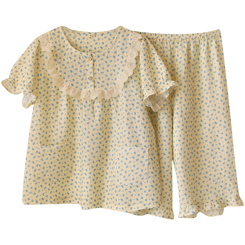 女款夏季藍色碎花花邊短袖中褲家居服