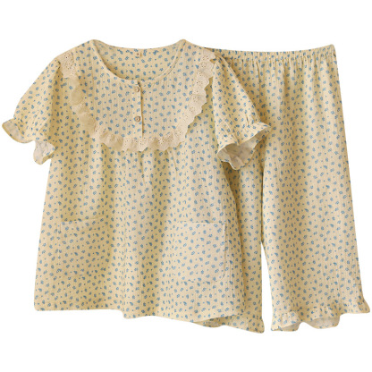 女款夏季藍色碎花花邊短袖中褲家居服