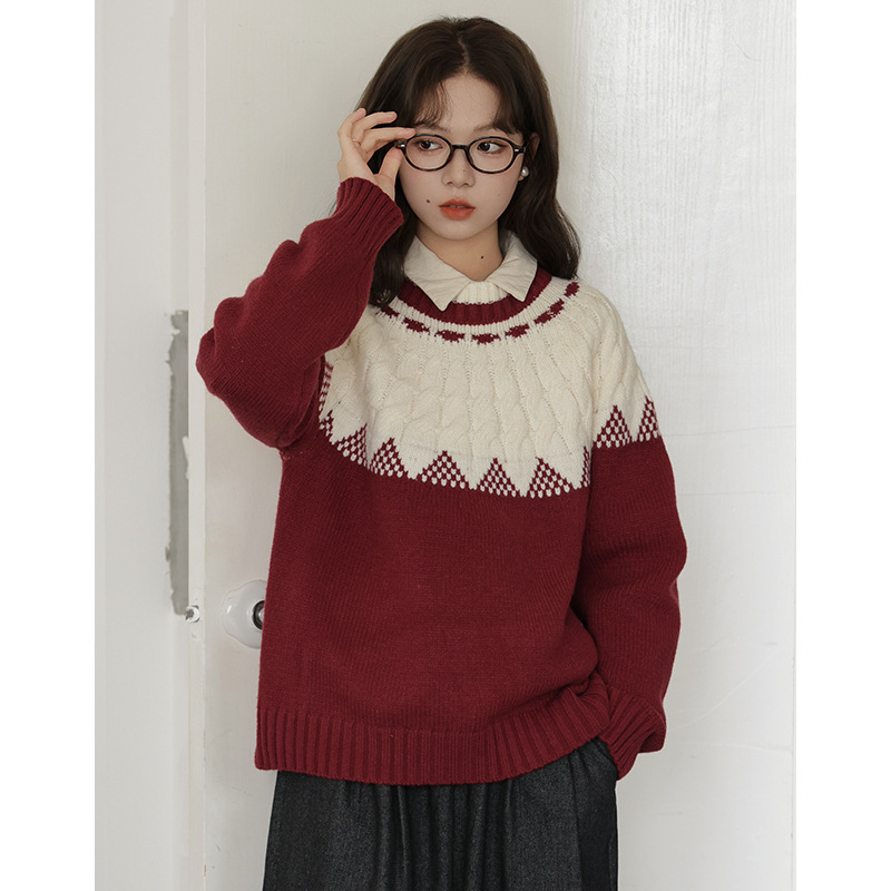 女士秋季日系小清新磨毛寬鬆長袖襯衫+紅白毛衣