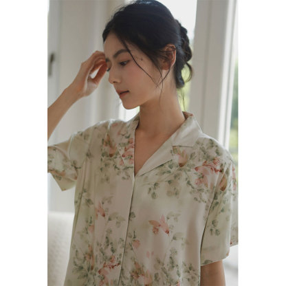 女士人棉貢緞愛麗絲玫瑰印花睡衣