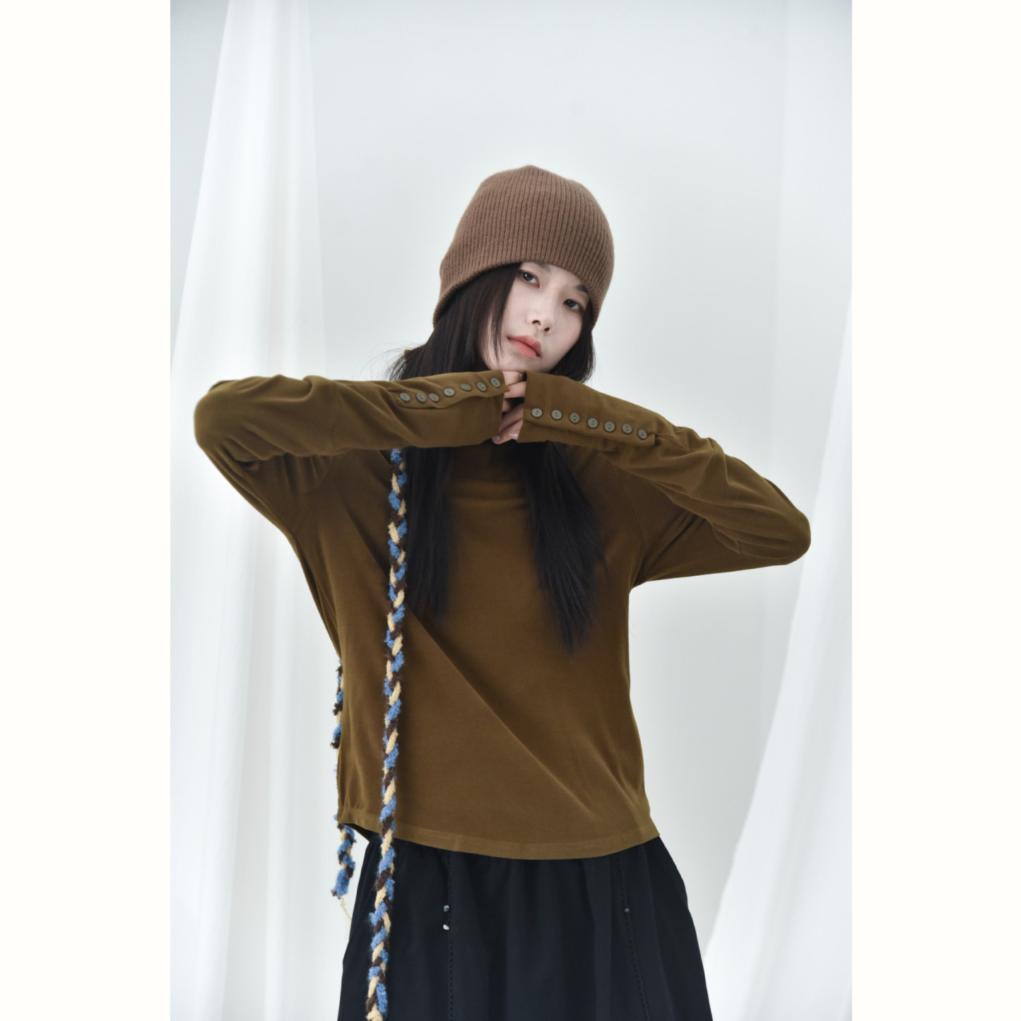 女士秋冬高領磨毛袖口多扣打底衫