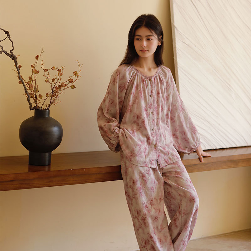 女款棉紗紫影印花長袖長褲睡衣套裝