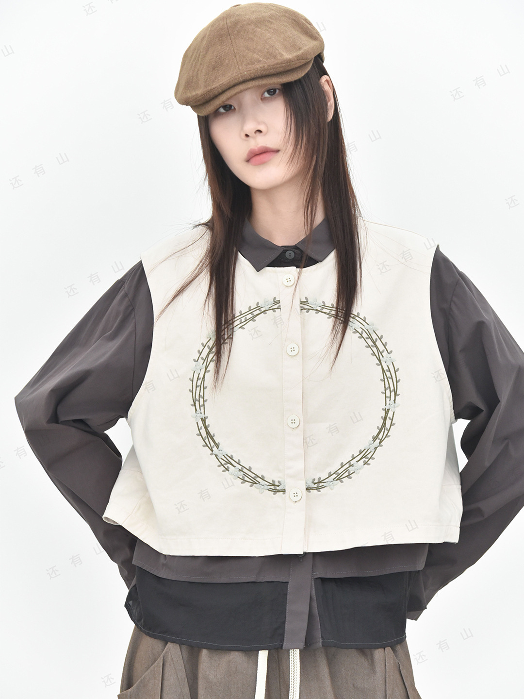 女士春秋花環刺繡純棉馬甲