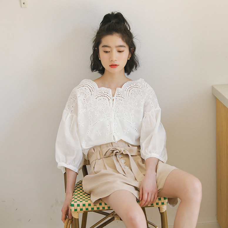 女士春夏花瓣一字肩蕾絲鏤空襯衫