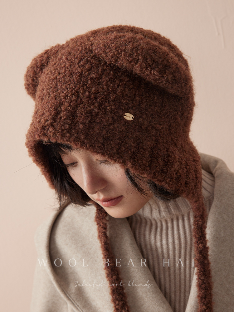 羊毛圈圈紗護耳小熊帽子