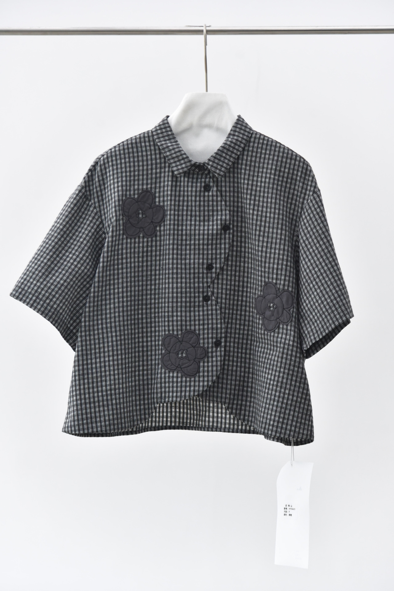 女拼貼花朵文藝格子短袖襯衫