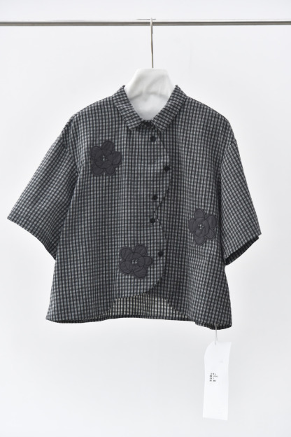 女拼貼花朵文藝格子短袖襯衫