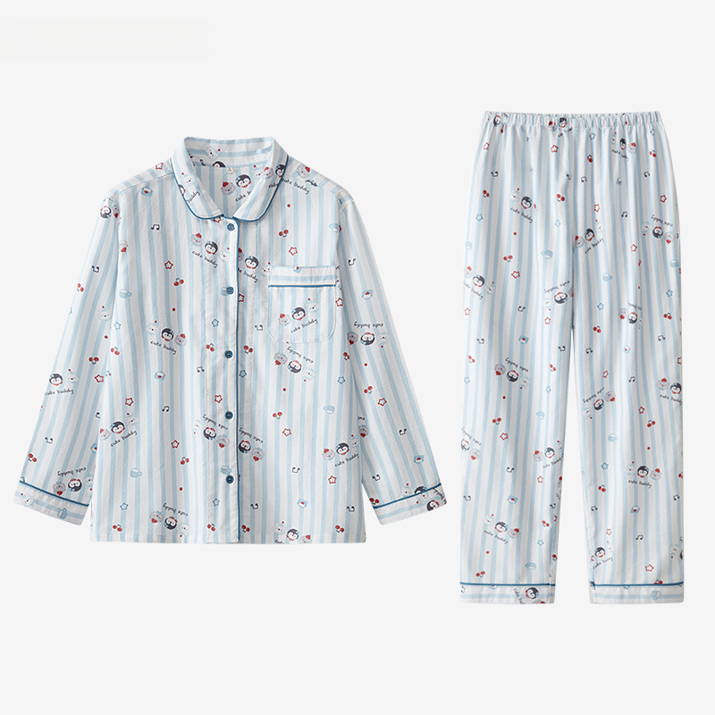 女士春秋純棉磨毛卡通企鵝長袖長褲居家服