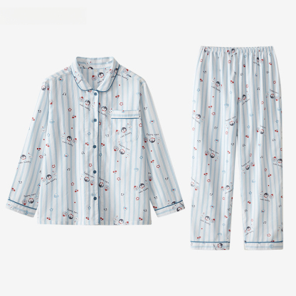 女士春秋純棉磨毛卡通企鵝長袖長褲居家服