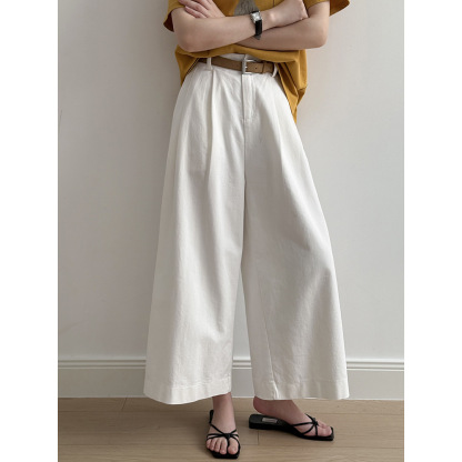 女士水洗棉含腰帶直筒闊腿褲