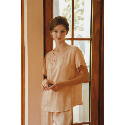 女款貢緞國風斜襟扣竹林印花睡衣套裝