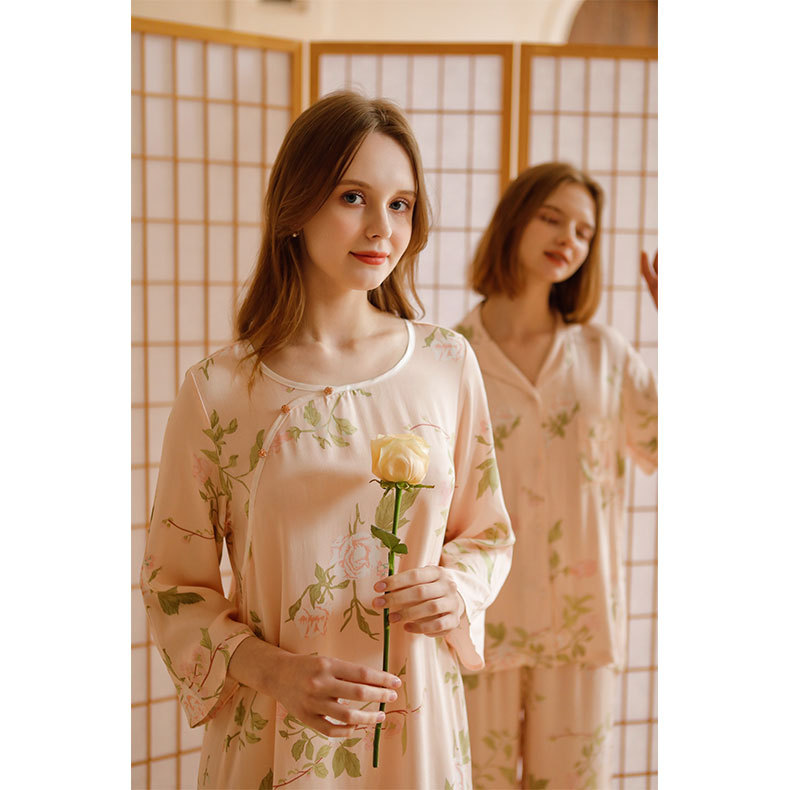 貢緞新中式國風長袖睡裙